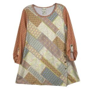 NWOT VINCENTE Tunic Patchwork Floral Multi Fishnet Sleeve Button Spandex Coral
